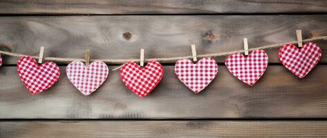 AI generated Valentine's day background with hearts and clothespins on wooden wall photo