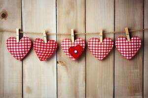 AI generated Valentine's day background with hearts and clothespins on wooden wall photo