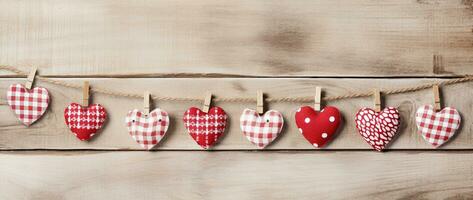 AI generated Valentine's day background with hearts and clothespins on wooden wall photo