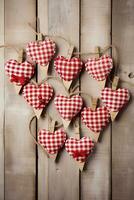 AI generated Valentine's day background with hearts and clothespins on wooden wall photo