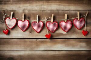 AI generated Valentine's day background with hearts and clothespins on wooden wall photo