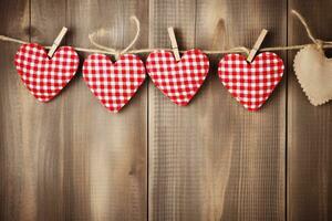 AI generated Valentine's day background with hearts and clothespins on wooden wall photo