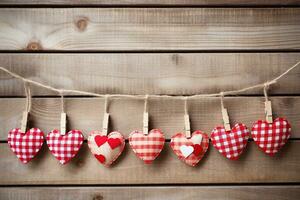 AI generated Hearts hanging on rope over wooden background. Valentines day background photo