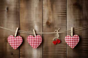 AI generated Hearts hanging on rope over wooden background. Valentines day background photo