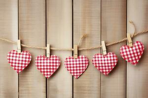 AI generated Hearts hanging on rope over wooden background. Valentines day background photo