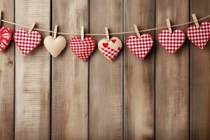 AI generated Hearts hanging on rope over wooden background. Valentines day background photo