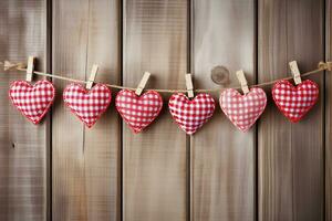 AI generated Hearts hanging on rope over wooden background. Valentines day background photo