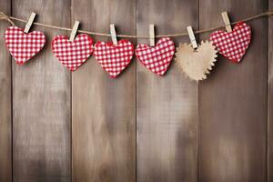 AI generated Hearts hanging on rope over wooden background. Valentines day background photo