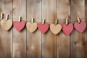 AI generated Hearts hanging on rope over wooden background. Valentines day background photo