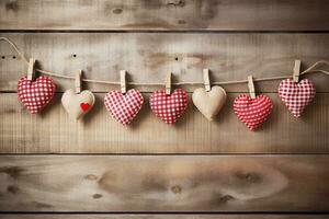 AI generated Hearts hanging on rope over wooden background. Valentines day background photo