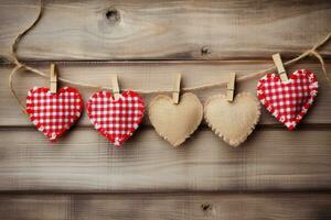 AI generated Hearts hanging on rope over wooden background. Valentines day background photo