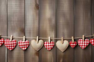 AI generated Hearts hanging on rope over wooden background. Valentines day background photo