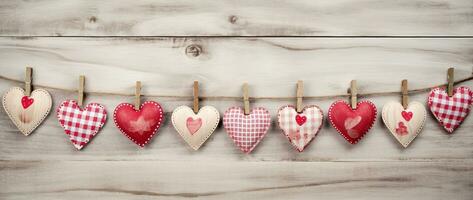 AI generated Hearts hanging on rope over wooden background. Valentines day background photo