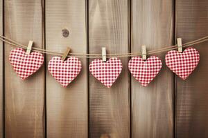 AI generated Hearts hanging on rope over wooden background. Valentines day background photo