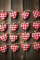 AI generated Hearts hanging on rope over wooden background. Valentines day background photo