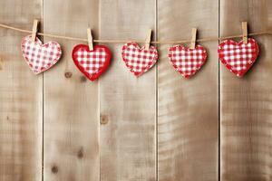 AI generated Hearts hanging on rope over wooden background. Valentines day background photo