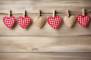 AI generated Hearts hanging on rope over wooden background. Valentines day background photo