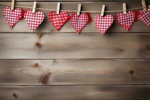 AI generated Hearts hanging on rope over wooden background. Valentines day background photo