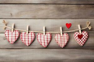 AI generated Hearts hanging on rope over wooden background. Valentines day background photo