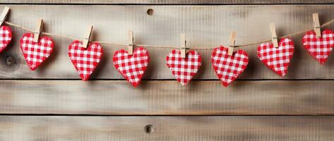 AI generated Hearts hanging on rope over wooden background. Valentines day background photo