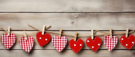 AI generated Hearts hanging on rope over wooden background. Valentines day background photo