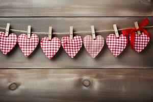 AI generated Valentine's day background with hearts and clothespins on wooden wall photo