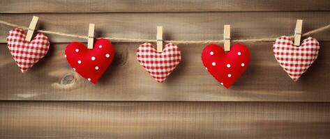 AI generated Hearts hanging on rope over wooden background. Valentines day background photo