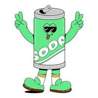 Soda character in retro cartoon style.Vector illustration of cute tin can with funny face, arms and legs on isolated white background. vector