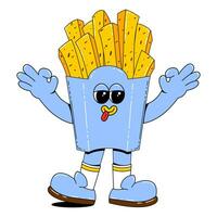 French fries character in retro cartoon style.Vector illustration of fast food with funny face, arms and legs on isolated white background. vector