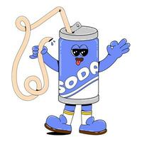 Soda character in retro cartoon style.Vector illustration of cute tin can with funny face, arms and legs on isolated white background. vector