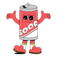 Soda character in retro cartoon style.Vector illustration of cute tin can with funny face, arms and legs on isolated white background. vector