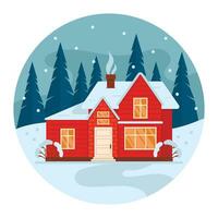 Residential house in the forest. Trees and snowfall in the background. Illustration in the shape of a circle. Vector graphic.