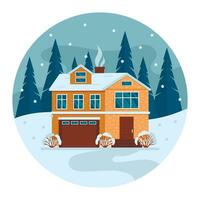 Residential house in the forest. Trees and snowfall in the background. Illustration in the shape of a circle. Vector graphic.