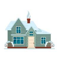 Residential house in the forest. Trees and snowfall in the background. Vector graphic.