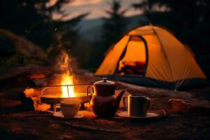 AI generated Camping in the woods, a kettle and a cup of tea photo