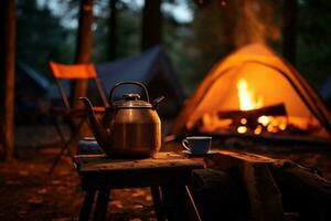 ai generado cámping en el bosque, un tetera y un taza de té foto