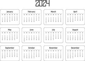 Horizontal rectangular black calendar for 2024 year. White background. Isolated vector image. Illustration thin template for design, planner