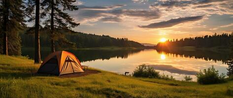 AI generated Camping tent on the shore of a lake at sunset. photo