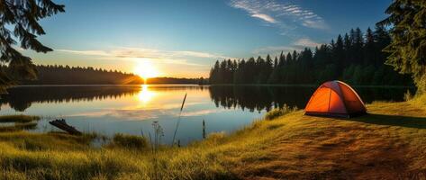 AI generated Camping tent on the shore of a lake at sunset. photo