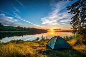 ai generado cámping tienda en el apuntalar de un lago a puesta de sol. foto