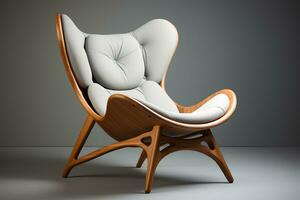 AI generated 3d rendering of a luxury wooden armchair in a gray room. photo