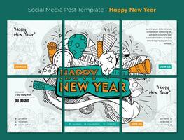 Social media post template with doodle art of celebration tools for happy new year party design vector