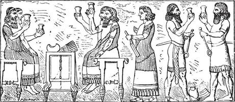 An Assyrian toast, vintage engraving. vector