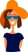 Portrait of a girl in blue shirt with big brown hat and sunglasses vector illustration on white background.