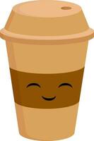 Light brown smiling coffee cup to go vector illustration on white background.