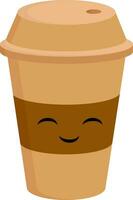 Light brown smiling coffee cup to go vector illustration on white background.