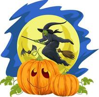 Vector of halloween pumpkin and flying witch against moonlight.