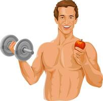 Vector of fit man holding dumbbell and an apple.