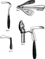 Fig 1. Tongue depressor fixed, Fig.2 Tongue depressor articulates, Fig 3. Tongue depressor articulate, Ricord, Fig 4. Tongue depressor articulates with reflector, vintage engraving. vector