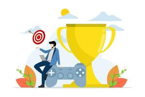 márketing estrategia para clientes a alcanzar objetivos y ganar premios, gamificación, premios o retos a mantener cliente compromiso, hombre con computadora ordenador portátil en juego de azar palanca de mando con trofeo otorgar. vector